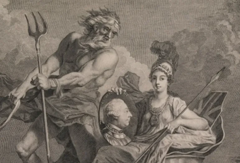 Detail from an engraving, showing Neptune and Britannia holding a portrait of George III.